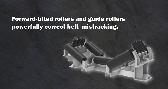 Forward-tilted rollers and guide rollers powerfully correct belt mistracking.